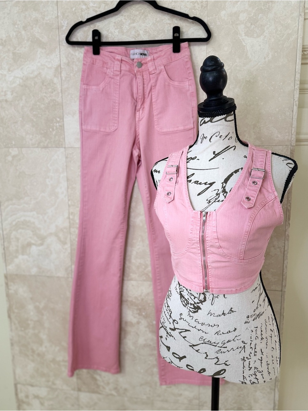 Fashion Nova Soft Pink Denim Two-Piece Set - Zip Crop Top & High-Waist Flares